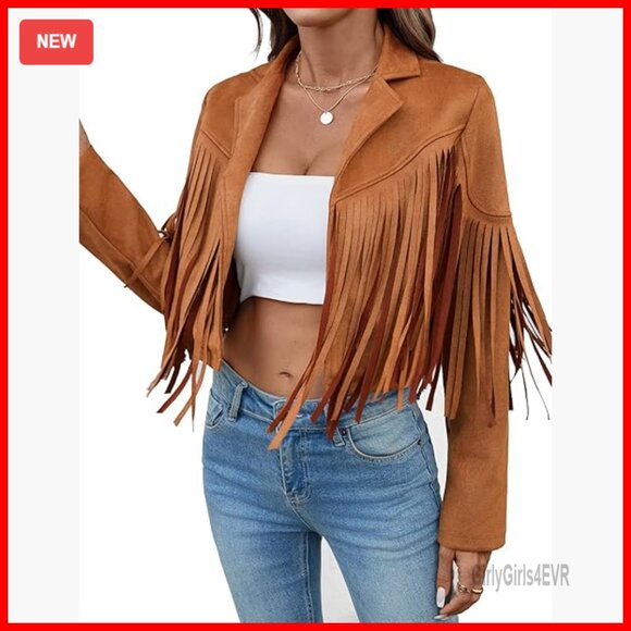 Jackets & Blazers - Faux Suede Cropped Jacket with Fringe Tassels and Lining